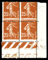 ** N°235, 25c Semeuse, Piquage Decalé En Bloc De 4 Coin De Feuille Daté. TB (signé Calves)  Qualité: ** - Ungebraucht