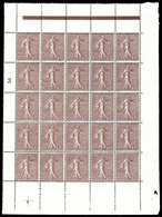 ** N°131, Semeuse, 20c Brun-lilas En Panneau Complet De 25 Exemplaires Avec Millésime '3', Fraîcheur Postale. SUP (certi - Full Sheets