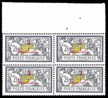 ** N°52b, 2p Sur 2f Violet-brun Et Jaune Sans Surcharge PROTECTORAT FRANCAIS En Bloc De Quatre Haut De Feuille, TTB (cer - Used Stamps