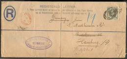 GREAT BRITAIN. 1891 (20 May). London - Germany. Reg Stat Env + Single Fkd 1sh. Grey Perfin. - Unclassified