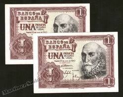 Banknote Spain -  1 Peseta – July 1953 – Marques De Santa Cruz - Condition VF – Correlative Pair - Pick 144a - 1-2 Peseten