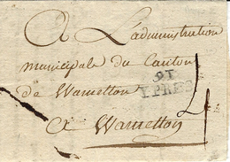 An 6 - 1799-  -lettre De 91 / YPRES  ( La Jemmapes ) 22 Mm Noir  Taxe 4 D Pour Warnellon - 1794-1814 (French Period)