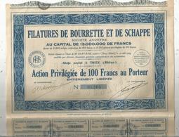 Action Privilégiée De 100 Francs ,FILATURES DE BOURRETTE ET DE SCHAPPE ,Thizy , Rhône, 1934 , Frais Fr 1.95e - Autres & Non Classés