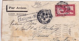 LETTRE PAR AVION / SAIGON / MARSEILLE 1936 / VERSO MARSEILLE GARE AVION 1936 - Luchtpost