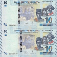 PAREJA CORRELATIVA DE BOLIVIA DE 10 BOLIVIANOS DEL AÑO 2018 SIN CIRCULAR-UNCIRCULATED (BANKNOTE) COLIBRI - Bolivië