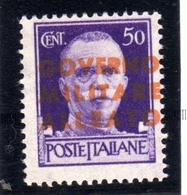 OCCUPAZIONE ANGLO-AMERICANA NAPOLI 1943 VARIETÀ VARIETY SOPRASTAMPA CARNICINO CHIARO SPOSTATA A DESTRA CENT. 50 MNH - Occ. Anglo-américaine: Naples