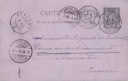 France Postal Stationery Ganzsache Entier Sage MONTBELLARD 1888 Via CHALLON & AMBULANT No. 25, NEUCHATEL Switzerland - Standard Covers & Stamped On Demand (before 1995)