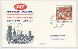 First Flight YUGOSLAV AIRLINES - 3. November 1981 - Sarajevo - Zürich - Luftpost