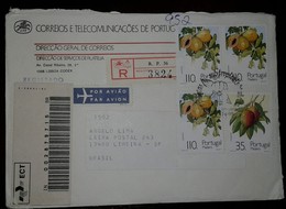 O) 1991 PORTUGAL, FRUITS, ECT-REGISTERED-DIRECTORATE OF FILATELIA SERVICES, FROM LISBOA TO BRAZIL AIRMAIL, XF - Lettres & Documents