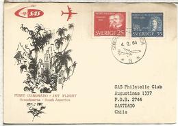 SUECIA 1964 PRIMER VUELO CORONADO JET A CHILE AL DORSO MAT SANTIAGO - Brieven En Documenten