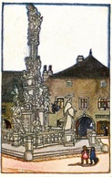 007555  Neunkirchen - Hauptplatz, Dreifaltigkeitssäule  Künstlerkarte  1933 - Neunkirchen