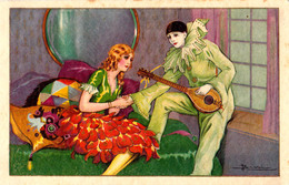 ART DÉCO : PIERROT Avec MANDOLINE Et COLOMBINE / PIERROT And COLUMBINE - ILLUSTRATION SIGNÉE : A. BUSI (aa882) - Busi, Adolfo