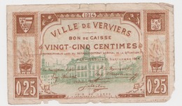 Verviers 1914 Guerre 14/18 Bon De Caisse De 25 Centimes Remboursable Lors Du Rétablissement De La Situation / RARE - Andere & Zonder Classificatie