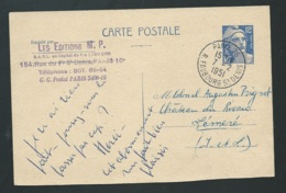 Yvert   Entier 812 - CP1  Oblitéré Paris 26 R. Faubourg St Denis , Fev 1951 -qaa 5713 - 1945-54 Marianna Di Gandon