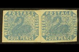 WESTERN AUSTRALIA  1854-55 4d Blue Imperf, SG 3a, Unused REJOINED HORIZONTAL PAIR, Large Margins Just Touching At Right  - Otros & Sin Clasificación