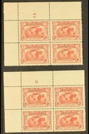 1931  2d Carmine Kingsford Smith, Plates 2 & 8 In PLATE BLOCKS Of 4, SG 121, Plate 2 Lightly Hinged On Margin, Plate 8 N - Other & Unclassified
