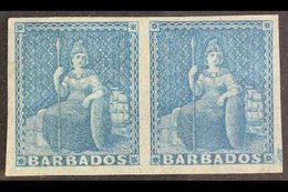 1855-58 BRITANNIA PAIR  (1d) Pale Blue Britannia, Imperf, SG 9, Fine Mint Horizontal Pair With Large Margins To All Side - Barbados (...-1966)
