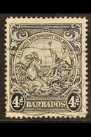 1944  4d Black Badge Of The Colony, Perf. 14, Curved Line At Top Right, SG 253db, With Light Machine Cancel, Very Scarce - Barbados (...-1966)
