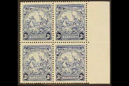 1947  3d Blue Badge Of The Colony,  Right Marginal Block Of Four, Position 4/10 showing Vertical Line Over Horse's Head, - Barbados (...-1966)