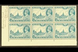 1946  2a6p Greenish Blue Corner Block Of 6 With Top- Right Stamp Showing BIRDS OVER TREES Flaw, SG 57+57aa, Mint (block  - Burma (...-1947)