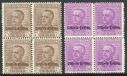 1928 - 9  7½c Brown And 50c Lilac Ovptd "Colonia Italiana", Sass S33, In Superb Blocks Of 4, 2NH, 2 Og. (8 Stamps) For M - Eritrea