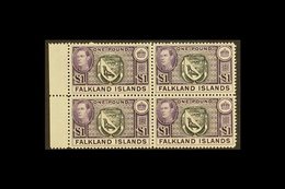 1938  £1 Black And Violet Arms, SG 163, Superb Never Hinged Mint Marginal Block Of Four. For More Images, Please Visit H - Falkland Islands