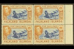 1938-50  5s Dull Blue And Yellow Brown On Greyish Paper, SG 161c, Superb Never Hinged Mint Marginal Block Of Four. For M - Islas Malvinas