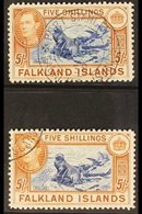 1938-50  KGVI 5s Blue & Chestnut, SG 161 & 5s Indigo & Pale Yellow Brown, SG 161b, Very Fine, Cds Used (2 Stamps) For Mo - Falklandinseln