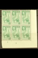 1938-55  ½d Green Perf. 12, Lower Right Corner Plate Number Block Of Six, The Upper Left Stamp (R. 5/8) Showing Extra Pa - Fiji (...-1970)