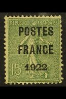 PREOBLITERES  1922 15c Olive With "POSTES / FRANCE / 1922" Precancel, Yvert 37, No Gum, Small Thin.  For More Images, Pl - Otros & Sin Clasificación