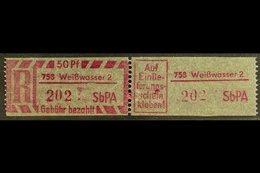 REGISTERED MAIL STAMP (EINSCHREIBEMARKEN)  1968 50pf With Type 1 Postcode, Perf 12½, Michel 2 C PLZ 758-2 (Weisswasser 2 - Otros & Sin Clasificación