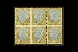 1926-33  15r Blue And Olive, Wmk Multiple Stars Upright, SG 218, Mint BLOCK OF SIX, All Never Hinged, Some Mild Gum Disc - Autres & Non Classés