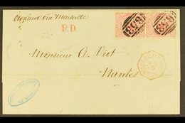 1866  (18 July) Entire Addressed To France, Bearing 1863-72 4d Rose Vert Pair (corner Fault) SG 62 Tied By "B53" Postmar - Mauritius (...-1967)