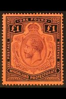 1913-21  £1 Purple And Black / Red, Wmk Mult Crown CA, SG 98, Never Hinged Mint. Superb. For More Images, Please Visit H - Nyassaland (1907-1953)