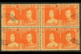 1937  6d Red-orange Coronation Of New Zealand, A Fine Used Block Of Four Showing Two Part "PITCAIRN ISLAND" Cds Cancels  - Pitcairneilanden