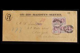 1905  (Sept) OHMS With Bars Through Envelope, Registered To New York, Bearing 1½d Chalky Paper (SG 88) Irregular Block O - Sierra Leona (...-1960)