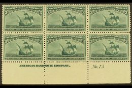 1893  3c Green Columbus, Scott 232, Fine Never Hinged Mint Lower Marginal PLATE 'No. 75' & IMPRINT 'American Bank Compan - Other & Unclassified