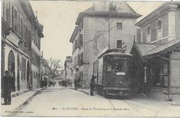 74 SAINT-JULIEN . Garedu Tramway Et Grande Rue Animées , édit : Pittier Annecy , écrite En 1907 , état Extra - Saint-Julien-en-Genevois