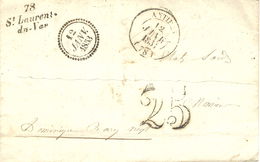 1853- Lettre Cursive De 78 / St Laurent / Du-Var  Cad B  + Cad T14 D'Antilles Taxe 25 Dt - 1849-1876: Klassik