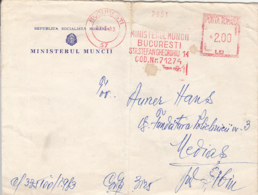 AMOUNT 2, BUCHAREST, LABOUR MINISTRYRED MACHINE STAMPS ON COVER, 1983, ROMANIA - Covers & Documents