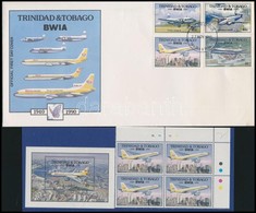 ** 1990 50 éves A British West Indies Airways (BWIA) Sor FDC-n + Blokk + 1 érték ívsarki Négyestömbben Mi 604-607 + 41 - Other & Unclassified