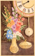 Szabó György (1927-2017): Virágcsendélet órával. Akvarell, Papír, Jelzés Nélkül, üvegezett Keretben, 39×23 Cm - Autres & Non Classés