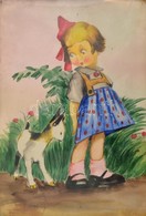 Thúróczy Mihály (?-?): Kislány A Gidával. Akvarell, Papír, üvegezett Keretben, 29×20 Cm - Autres & Non Classés