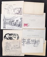 Vöröss Tibor (1911 - 1999): Grafikák. Tus, Papír, Toll. Jelzettek + Személyes Okmányok. Összesen 12 Db - Autres & Non Classés
