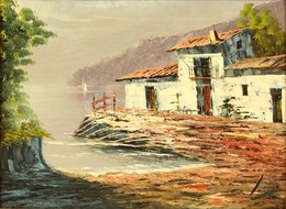 Olvashatatlan Jelzéssel: Mediterrán Háza Parton. Olaj, Farost, Keretben, 30×40 Cm - Other & Unclassified