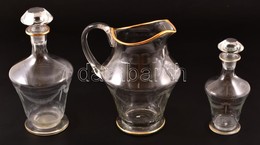 3 Db Kiöntő Csiszolt Dugóval (2 Db), Kancsó, Aranyozott Peremmel (egyik Kopott), Csorba Nélkül, M:19-26 Cm - Glass & Crystal