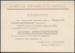 1929 Magyarok Világkongresszusa Alkalmából Tartott ünnepi Istentisztelet Meghívója A Dohány Utcai Zsinagógába. - Autres & Non Classés