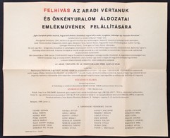 1988 Aradi Vértanúk és Az önkényuralom Többi áldozatának Tiszteletére Emlékmű, Közadakozásból Történő, Felállításának Hi - Unclassified