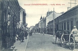 * T2 1911 Csíkszereda, Miercurea Ciuc; Apaffy Mihály Utca, Szekér, üzletek. Kiadja Szvoboda Miklós / Street View, Horse  - Zonder Classificatie