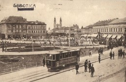 * T2/T3 Szabadka, Subotica; Szent István Tér, Utcakép, Villamos, üzletek. Kiadja Heumann Mór / Street View With Tram And - Zonder Classificatie